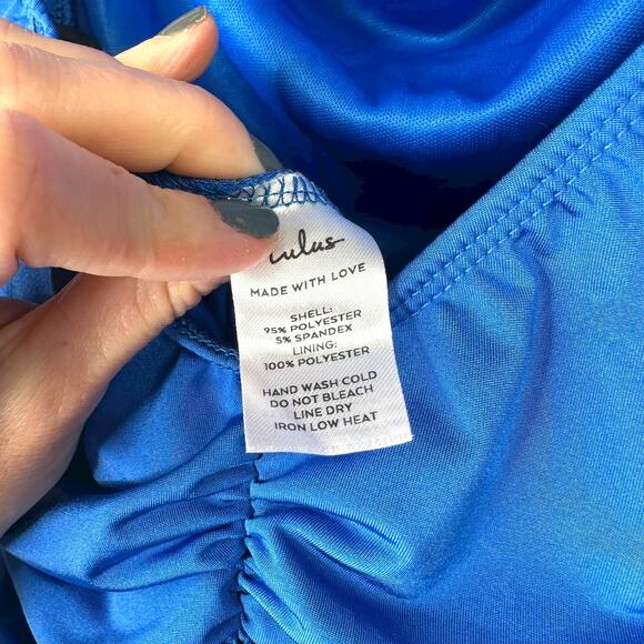 Lulus NWOT Brilliant Elegance Blue Off-the-Shoulder Backless Ruched Maxi Dress - Picture 11 of 11